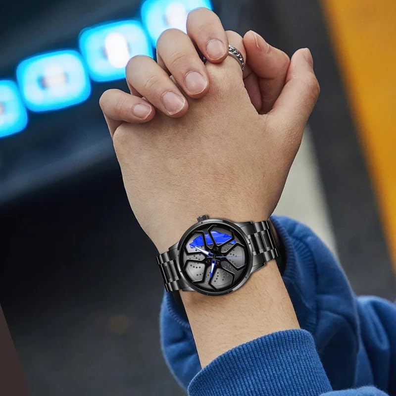 IMPERIOUS Men's Watch New Wheels Rolling Analog Stainless Steel || Quartz Movement || Water Resistant Wristwatch | Men Spinning Car Sports Wheel Rotating Watch - Blue