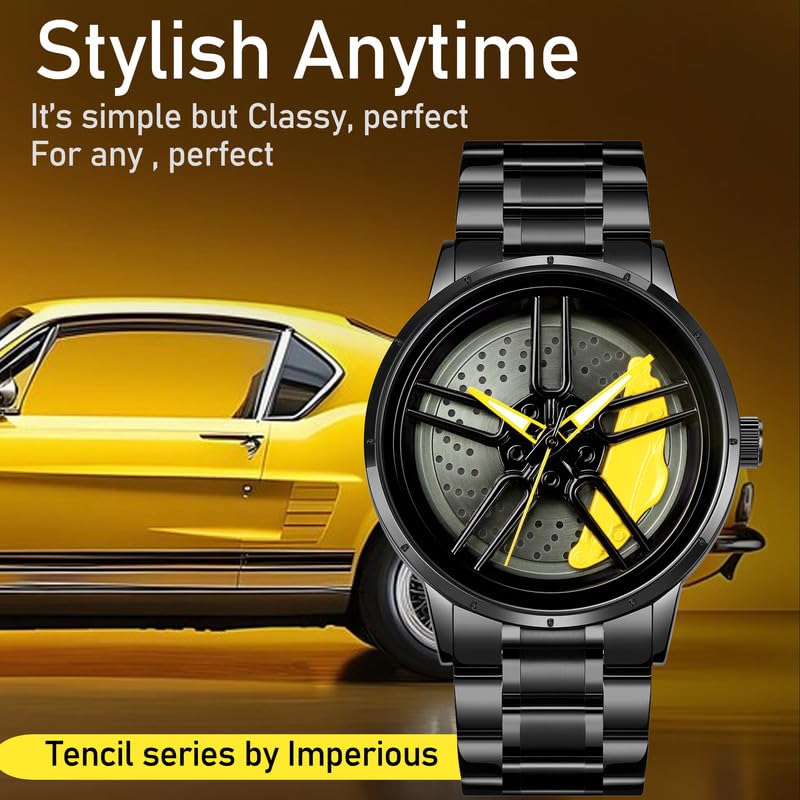 IMPERIOUS Men's Watch New Wheels Rolling Analog Stainless Steel || Quartz Movement|| Water Resistant Wristwatch - Yellow