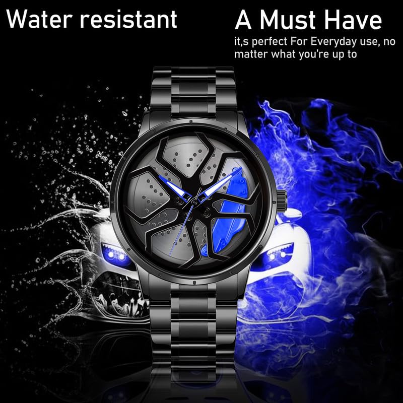 IMPERIOUS Men's Watch New Wheels Rolling Analog Stainless Steel || Quartz Movement || Water Resistant Wristwatch | Men Spinning Car Sports Wheel Rotating Watch - Blue