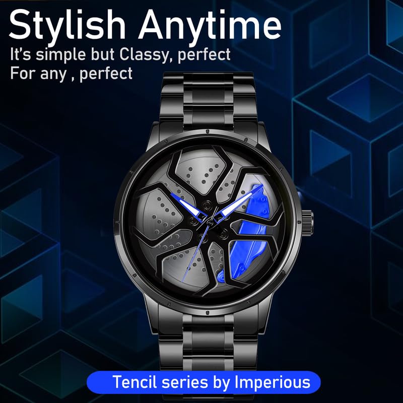 IMPERIOUS Men's Watch New Wheels Rolling Analog Stainless Steel || Quartz Movement || Water Resistant Wristwatch | Men Spinning Car Sports Wheel Rotating Watch - Blue