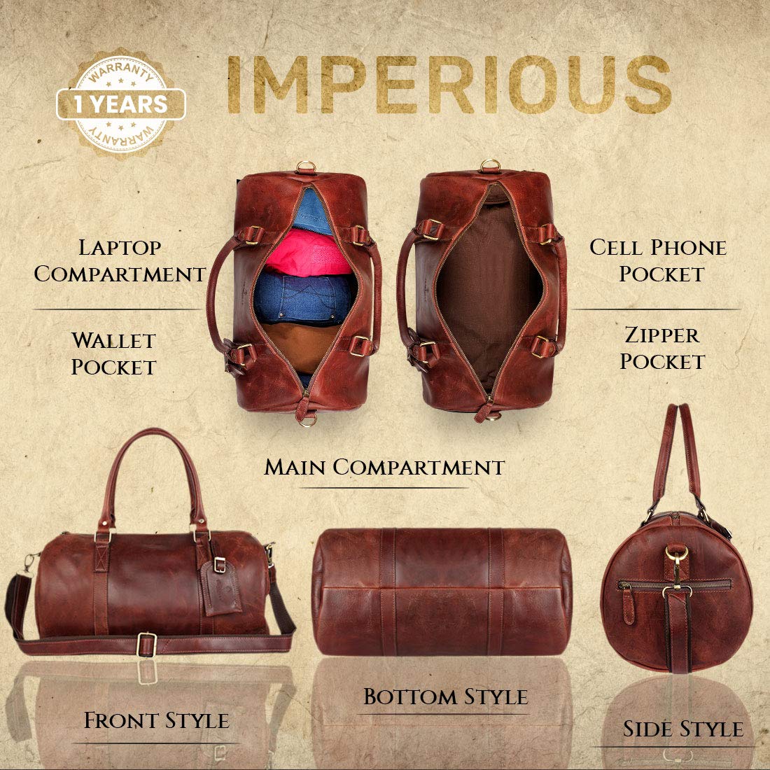 Duffle Travel Luggage Gym, Cabin Bag (Brown)