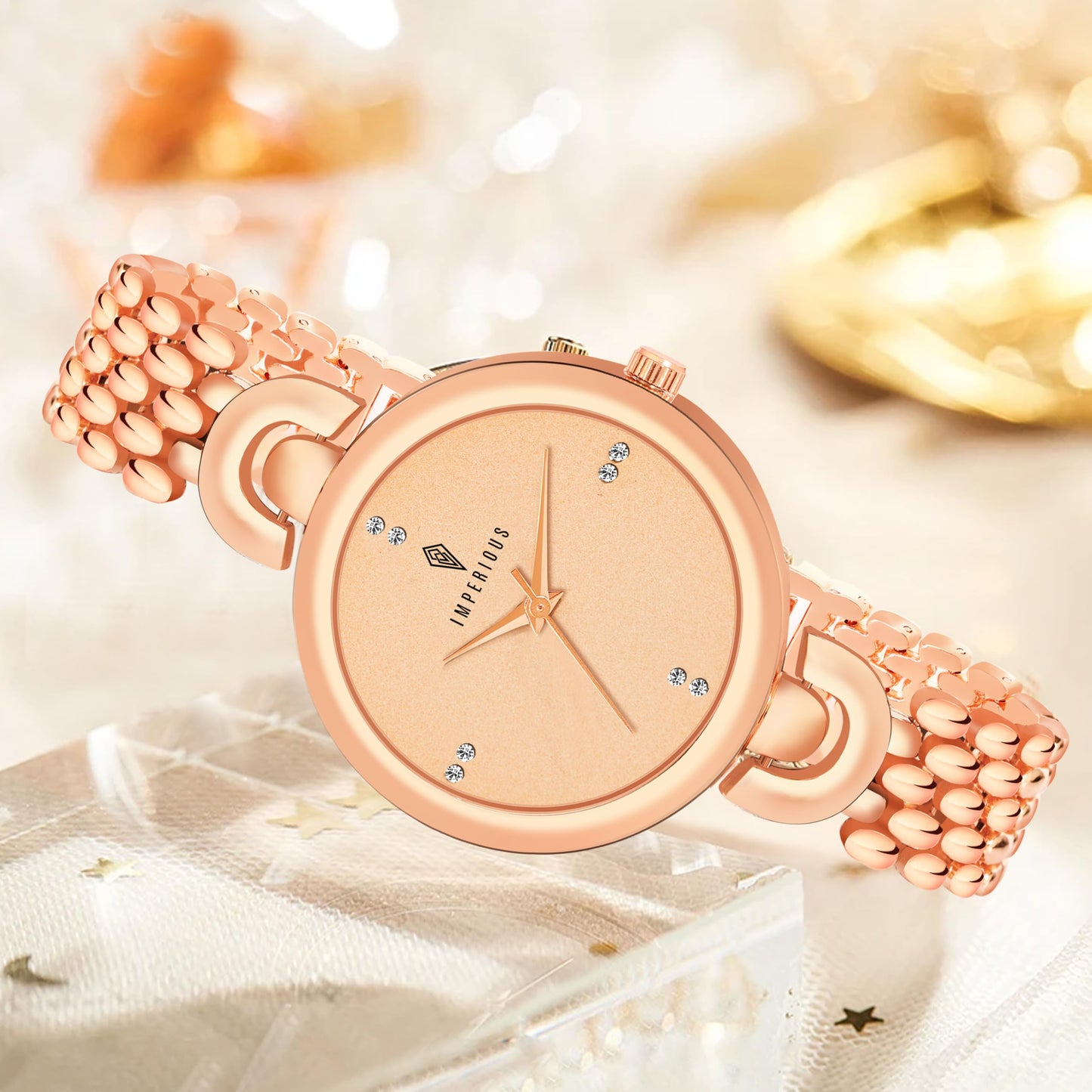 IMPERIOUS - THE ROYAL WAY Women's Round Dial Quartz Movement Studded Dial Watch | Analogue Quartz Movement Ladies Watch | Rose Gold