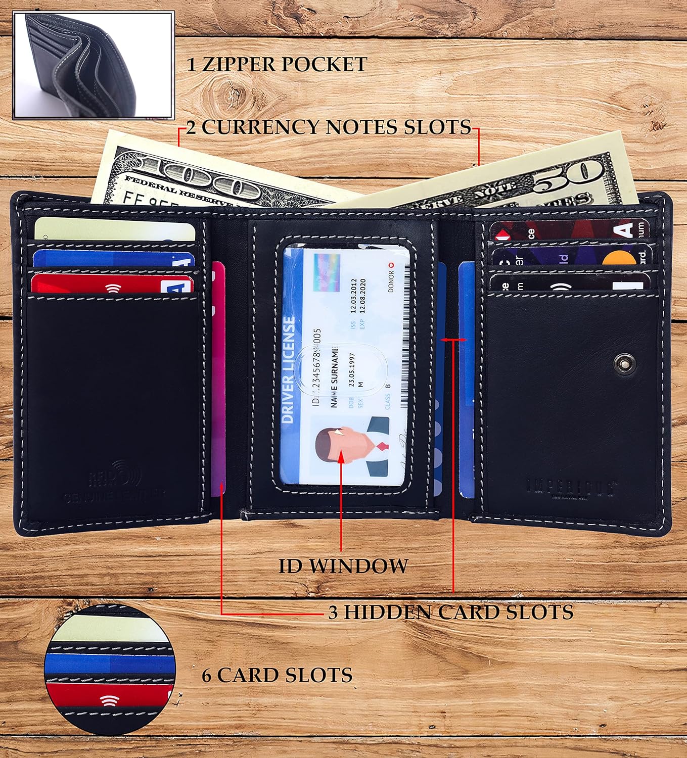 Original Leather Smart RFID protectioN, 3 Fold Wallet (Black)