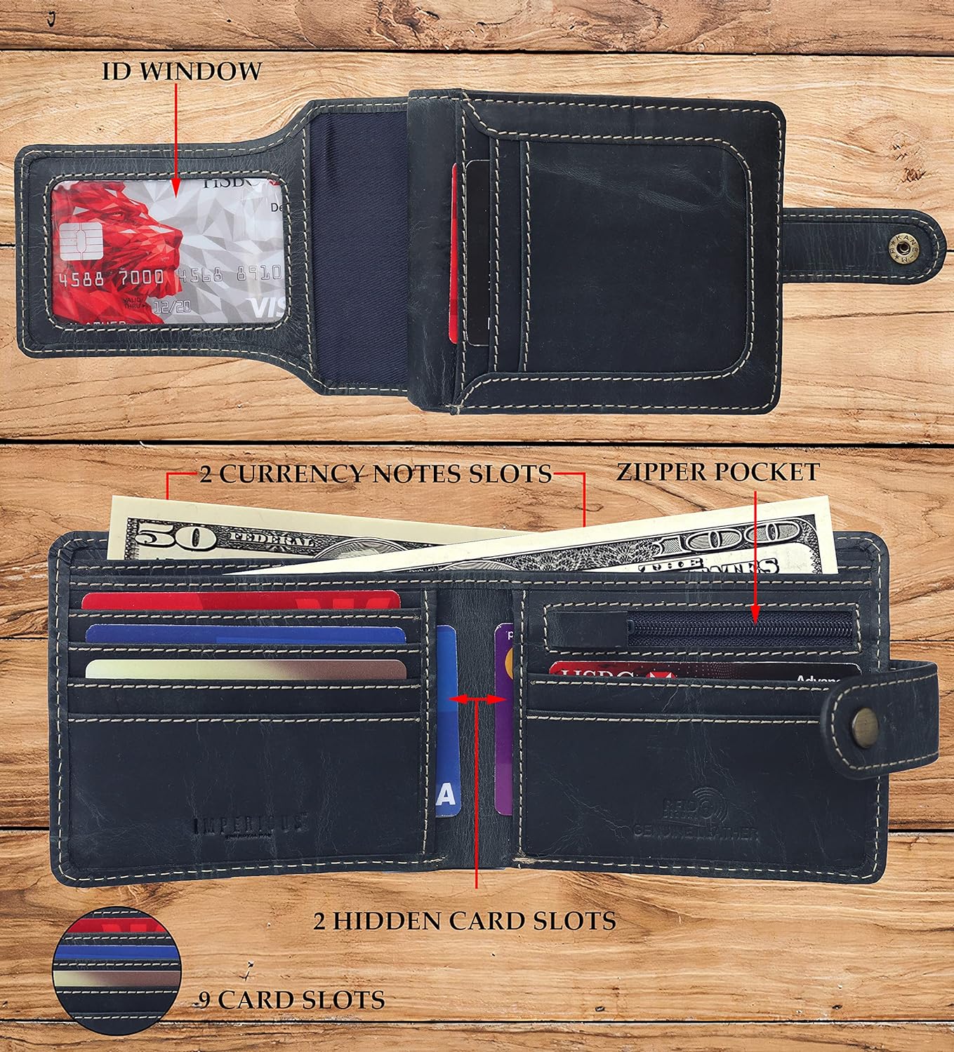 Vinatge Leather Wallet, 2 Fold Wallet with 9 Card Holder Slots (Italian Brown)