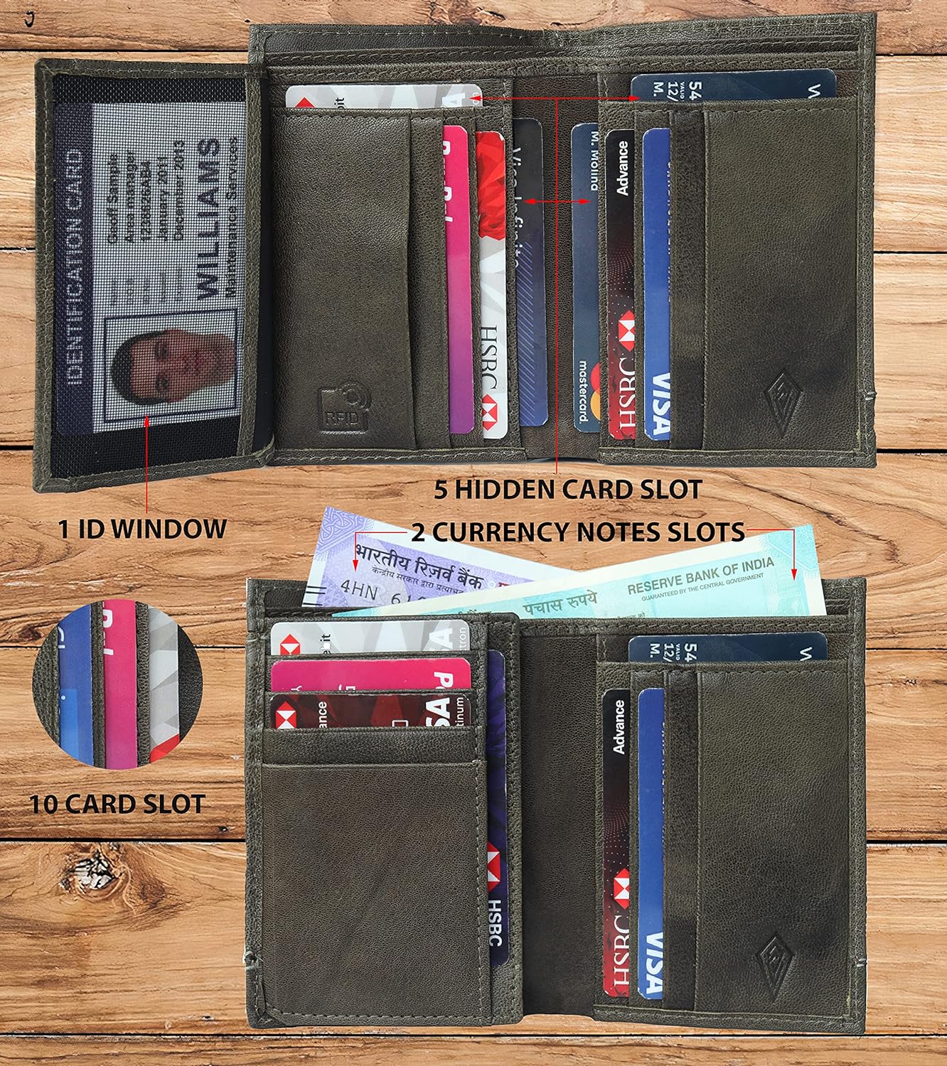 RFID Protected Genuine Leather Wallet for Men (Olive)