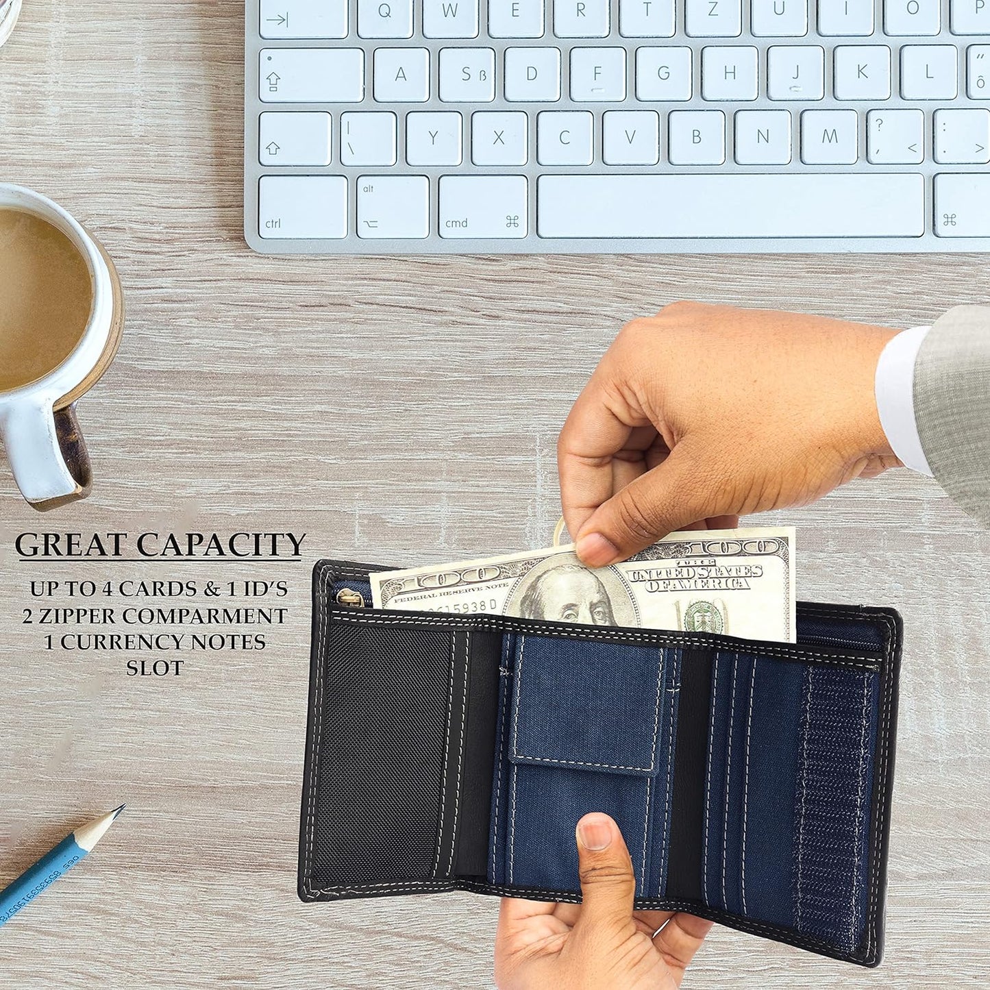 THE ROYAL WAY Black Leather Men's Tri Fold RFID Blocking Wallet