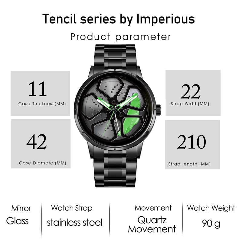 IMPERIOUS Men's Watch New Wheels Rolling Analog Stainless Steel || Quartz Movement || Water Resistant Wristwatch | Men Spinning Car Sports Wheel Rotating Watch - Green