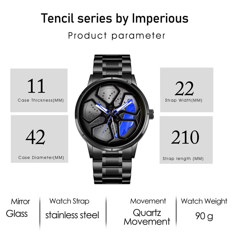 IMPERIOUS Men's Watch New Wheels Rolling Analog Stainless Steel || Quartz Movement || Water Resistant Wristwatch | Men Spinning Car Sports Wheel Rotating Watch - Blue