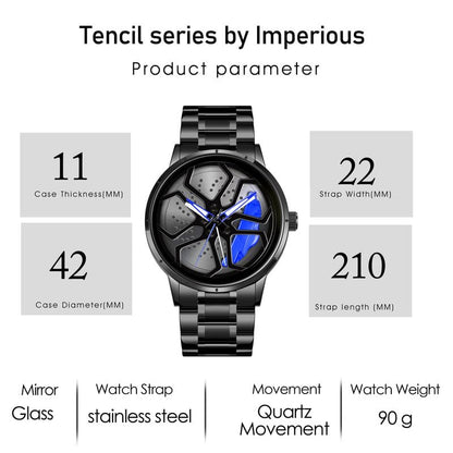 IMPERIOUS Men's Watch New Wheels Rolling Analog Stainless Steel || Quartz Movement || Water Resistant Wristwatch | Men Spinning Car Sports Wheel Rotating Watch - Blue