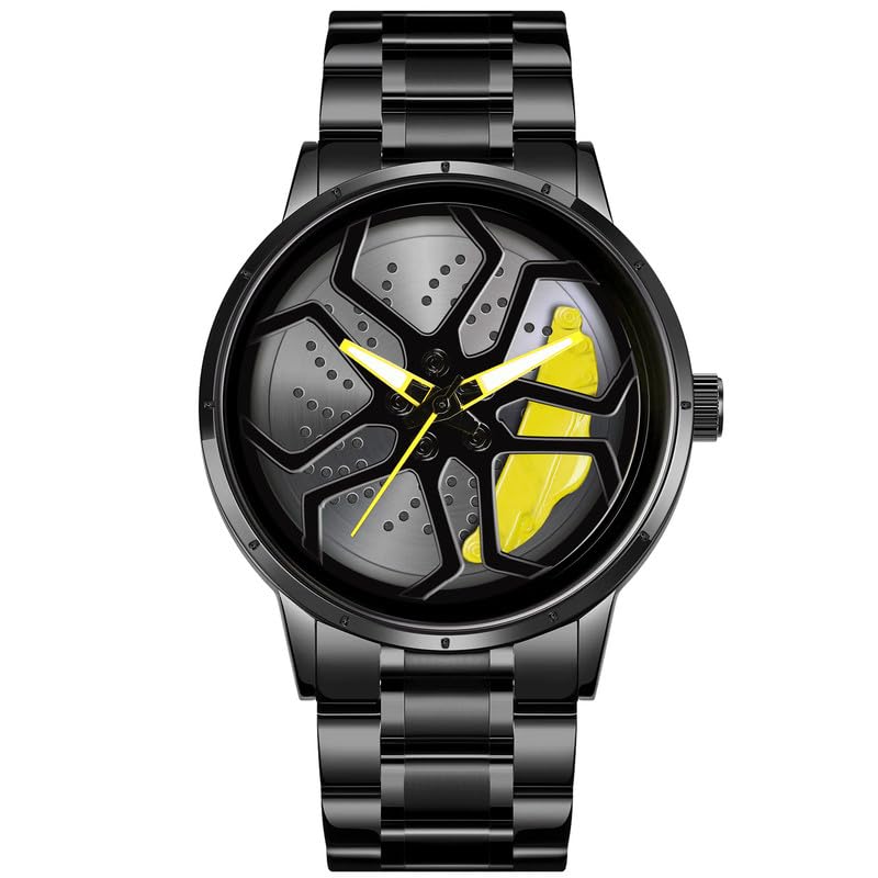 IMPERIOUS Men's Watch New Wheels Rolling Analog Stainless Steel || Quartz Movement || Water Resistant Wristwatch | Men Spinning Car Sports Wheel Rotating Watch - Yellow