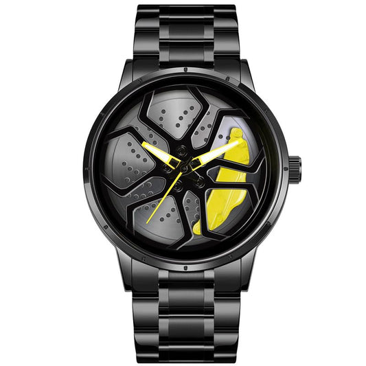 IMPERIOUS Men's Watch New Wheels Rolling Analog Stainless Steel || Quartz Movement || Water Resistant Wristwatch | Men Spinning Car Sports Wheel Rotating Watch - Yellow