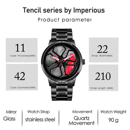 IMPERIOUS Men's Watch New Wheels Rolling Analog Stainless Steel || Quartz Movement || Water Resistant Wristwatch | Men Spinning Car Sports Wheel Rotating Watch - Red