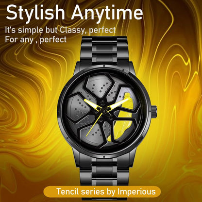 IMPERIOUS Men's Watch New Wheels Rolling Analog Stainless Steel || Quartz Movement || Water Resistant Wristwatch | Men Spinning Car Sports Wheel Rotating Watch - Yellow