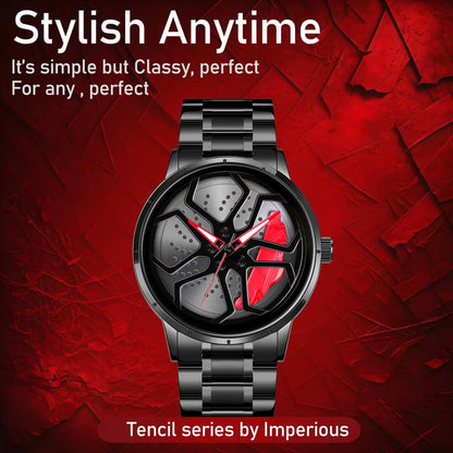 IMPERIOUS Men's Watch New Wheels Rolling Analog Stainless Steel || Quartz Movement || Water Resistant Wristwatch | Men Spinning Car Sports Wheel Rotating Watch - Red