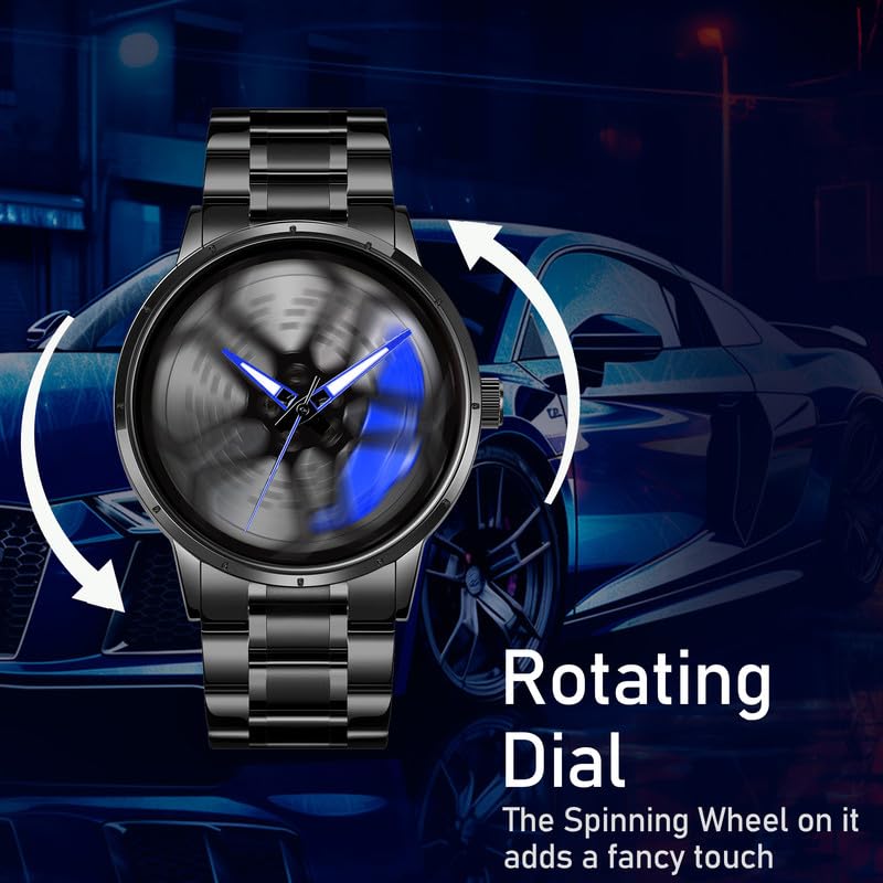 IMPERIOUS Men's Watch New Wheels Rolling Analog Stainless Steel || Quartz Movement || Water Resistant Wristwatch | Men Spinning Car Sports Wheel Rotating Watch - Blue