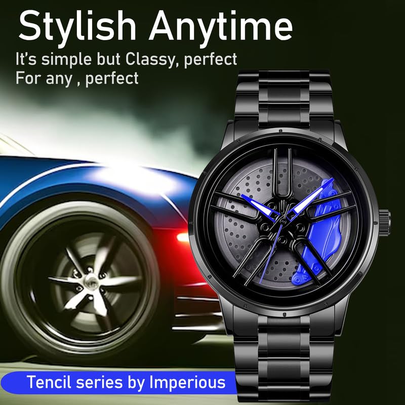 IMPERIOUS Men's Watch New Wheels Rolling Analog Stainless Steel || Quartz Movement|| Water Resistant Wristwatch - Blue
