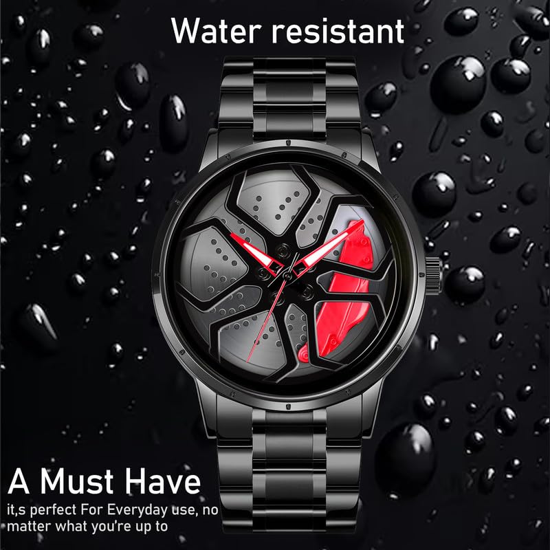 IMPERIOUS Men's Watch New Wheels Rolling Analog Stainless Steel || Quartz Movement || Water Resistant Wristwatch | Men Spinning Car Sports Wheel Rotating Watch - Red
