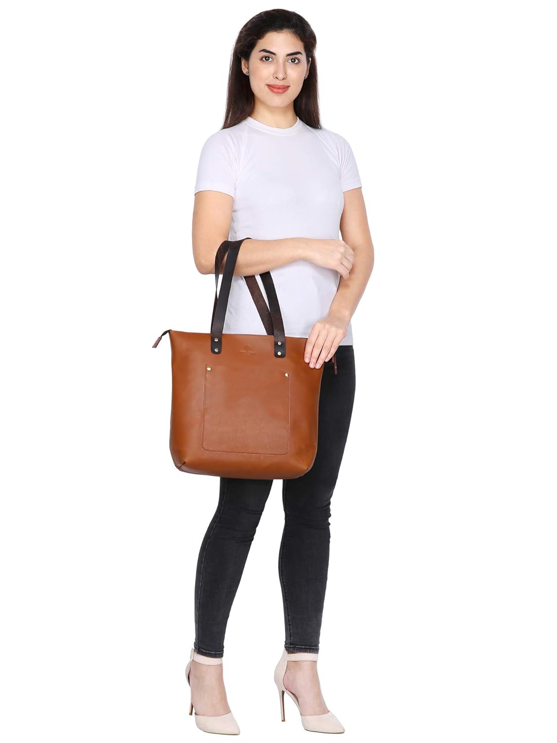 Pure Leather Women's Travel Tote Shoulder Handbag (Tan - 19 Inch)