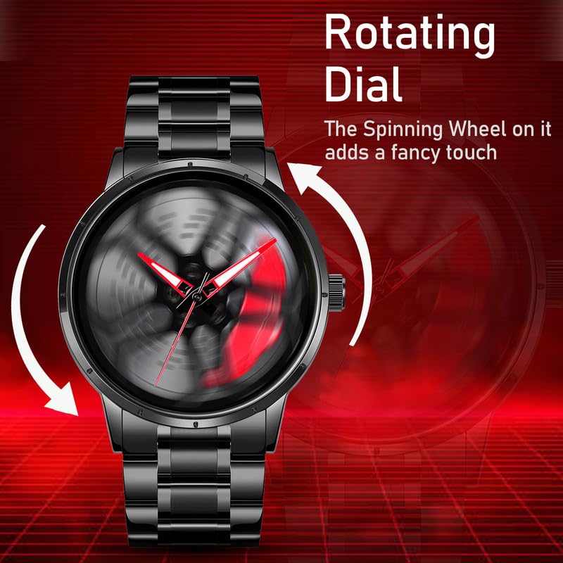 IMPERIOUS Men's Watch New Wheels Rolling Analog Stainless Steel || Quartz Movement || Water Resistant Wristwatch | Men Spinning Car Sports Wheel Rotating Watch - Red