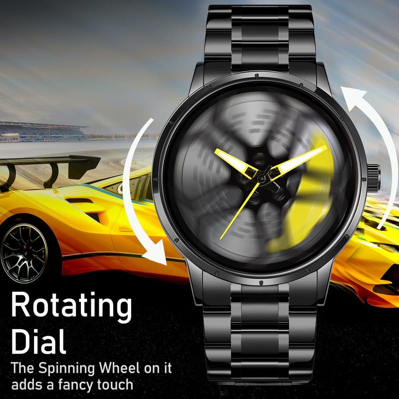 IMPERIOUS Men's Watch New Wheels Rolling Analog Stainless Steel || Quartz Movement || Water Resistant Wristwatch | Men Spinning Car Sports Wheel Rotating Watch - Yellow