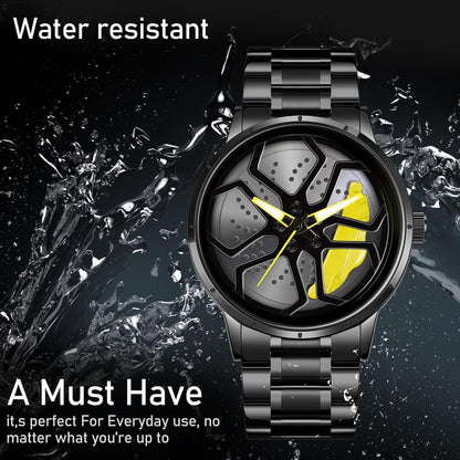 IMPERIOUS Men's Watch New Wheels Rolling Analog Stainless Steel || Quartz Movement || Water Resistant Wristwatch | Men Spinning Car Sports Wheel Rotating Watch - Yellow