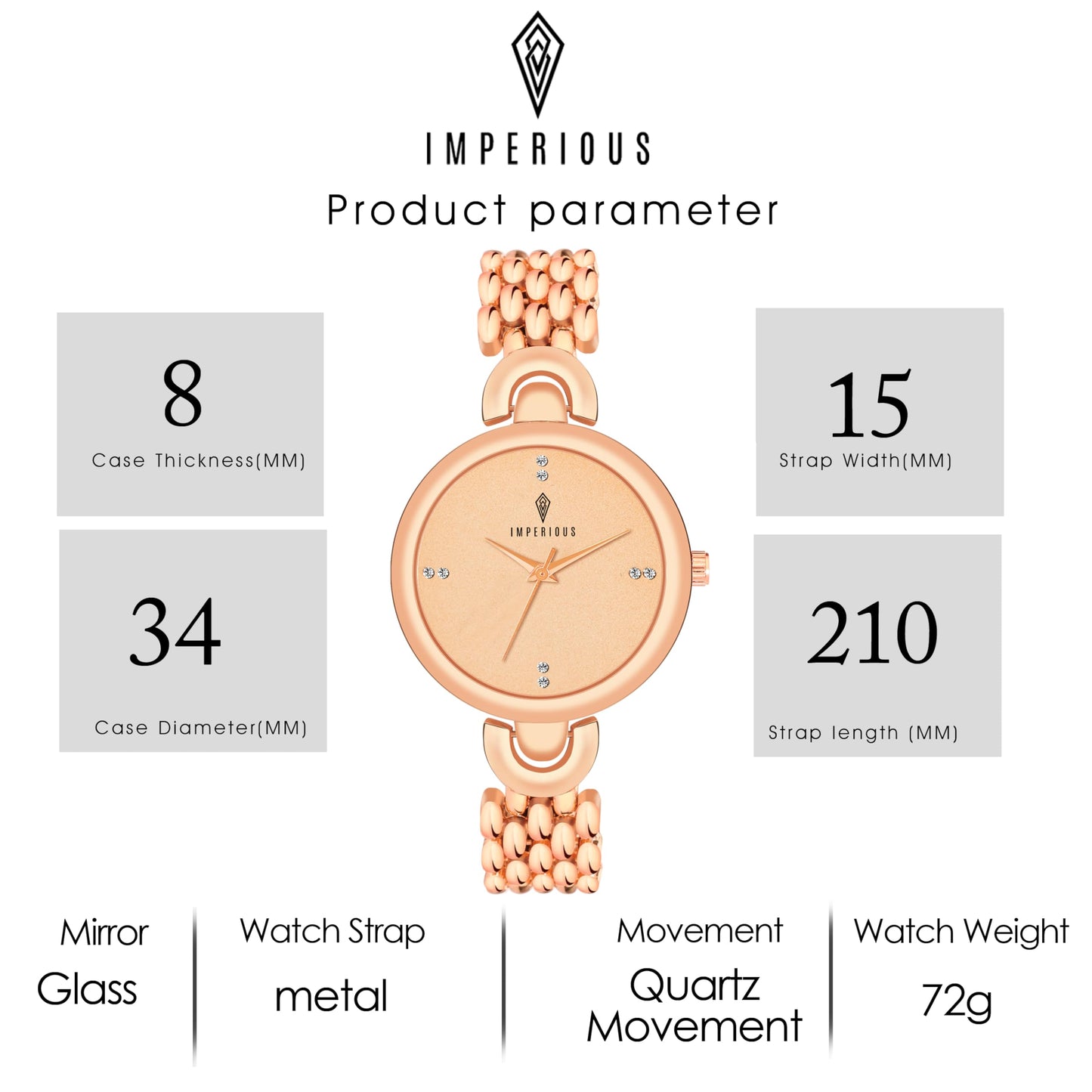 IMPERIOUS - THE ROYAL WAY Women's Round Dial Quartz Movement Studded Dial Watch | Analogue Quartz Movement Ladies Watch | Rose Gold