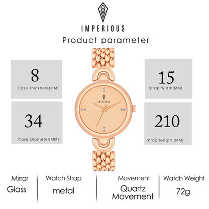 IMPERIOUS - THE ROYAL WAY Women's Round Dial Quartz Movement Studded Dial Watch | Analogue Quartz Movement Ladies Watch | Rose Gold