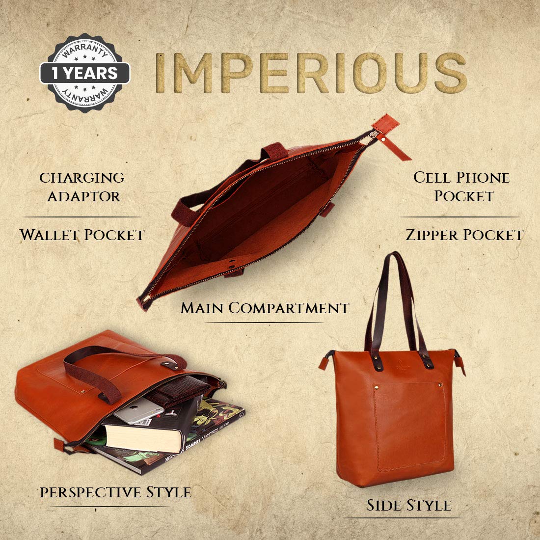 Pure Leather Women's Travel Tote Shoulder Handbag (Tan - 19 Inch)