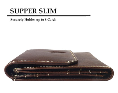 Unisex Leather Wallet, 8 Card Holder Slots, Slim Wallet (Italian Brown)