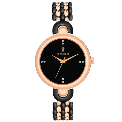 IMPERIOUS - THE ROYAL WAY Women's Round Dial Quartz Movement Studded Dial Watch | Analogue Quartz Movement Ladies Watch | Black