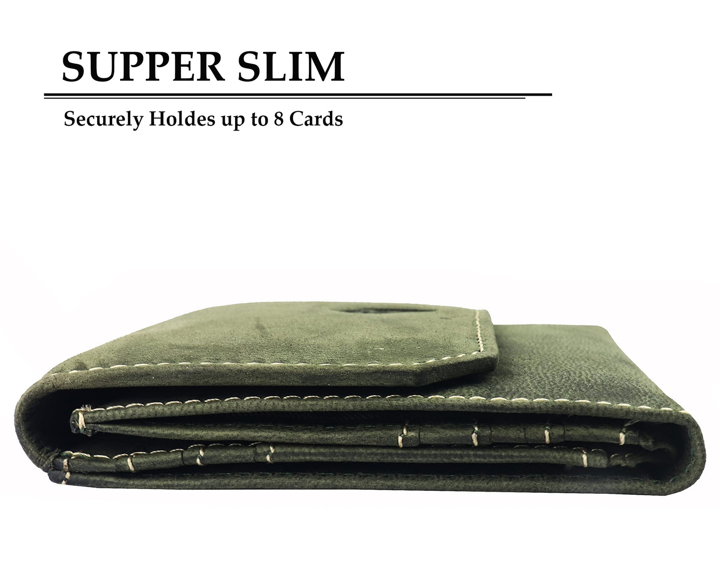 Unisex Leather Wallet, 8 Card Holder Slots, Slim Wallet (Battle Green)