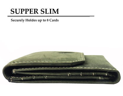Unisex Leather Wallet, 8 Card Holder Slots, Slim Wallet (Battle Green)