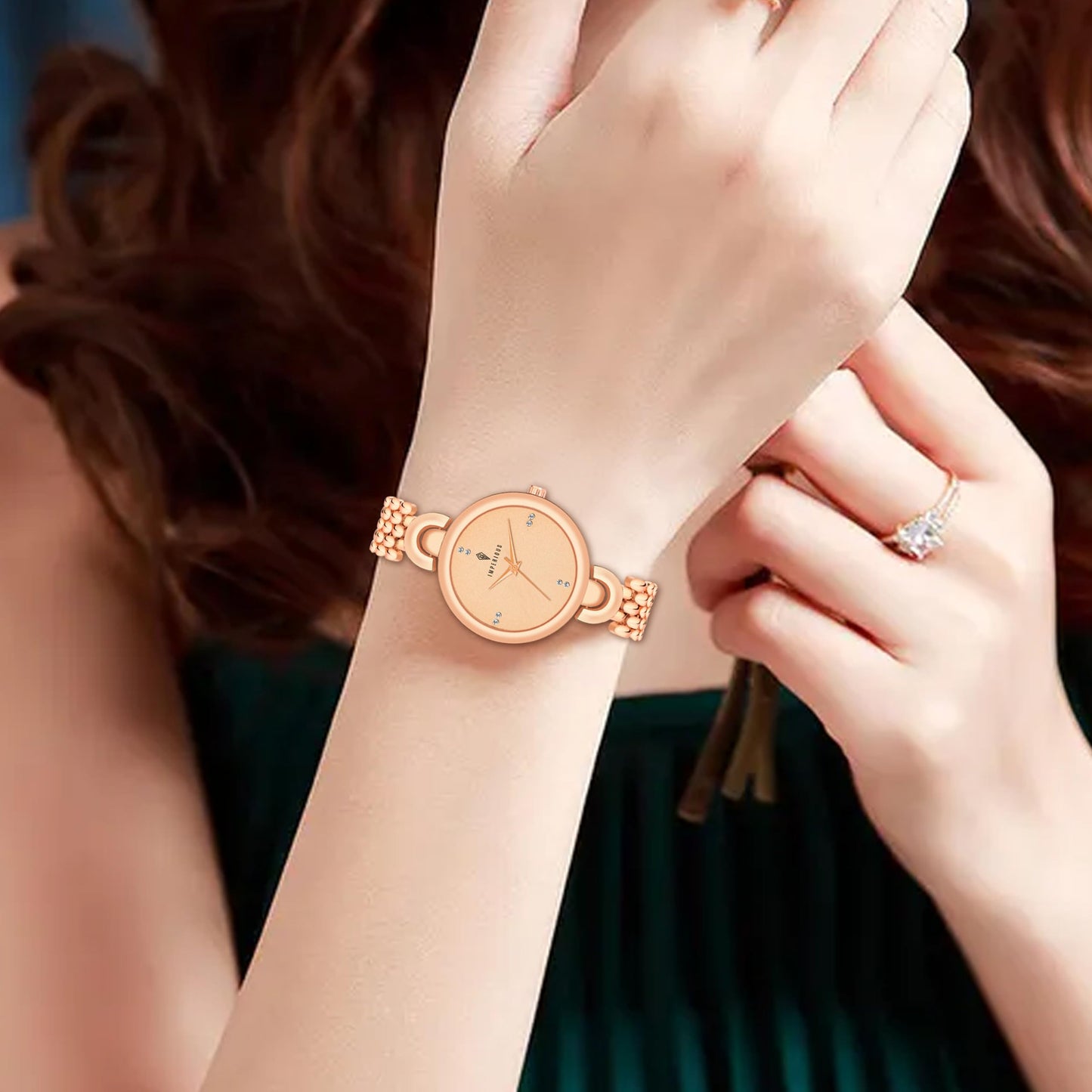 IMPERIOUS - THE ROYAL WAY Women's Round Dial Quartz Movement Studded Dial Watch | Analogue Quartz Movement Ladies Watch | Rose Gold