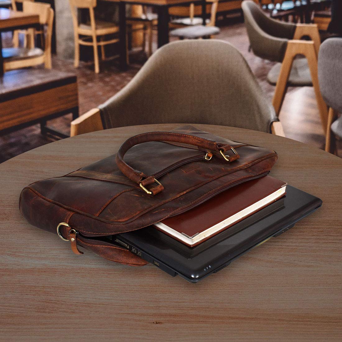 Pure Leather Men's Laptop Tablet Messenger Cross Body Briefcase Bag (Rugged Brown - 16.5inch )