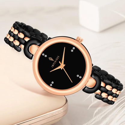 IMPERIOUS - THE ROYAL WAY Women's Round Dial Quartz Movement Studded Dial Watch | Analogue Quartz Movement Ladies Watch | Black