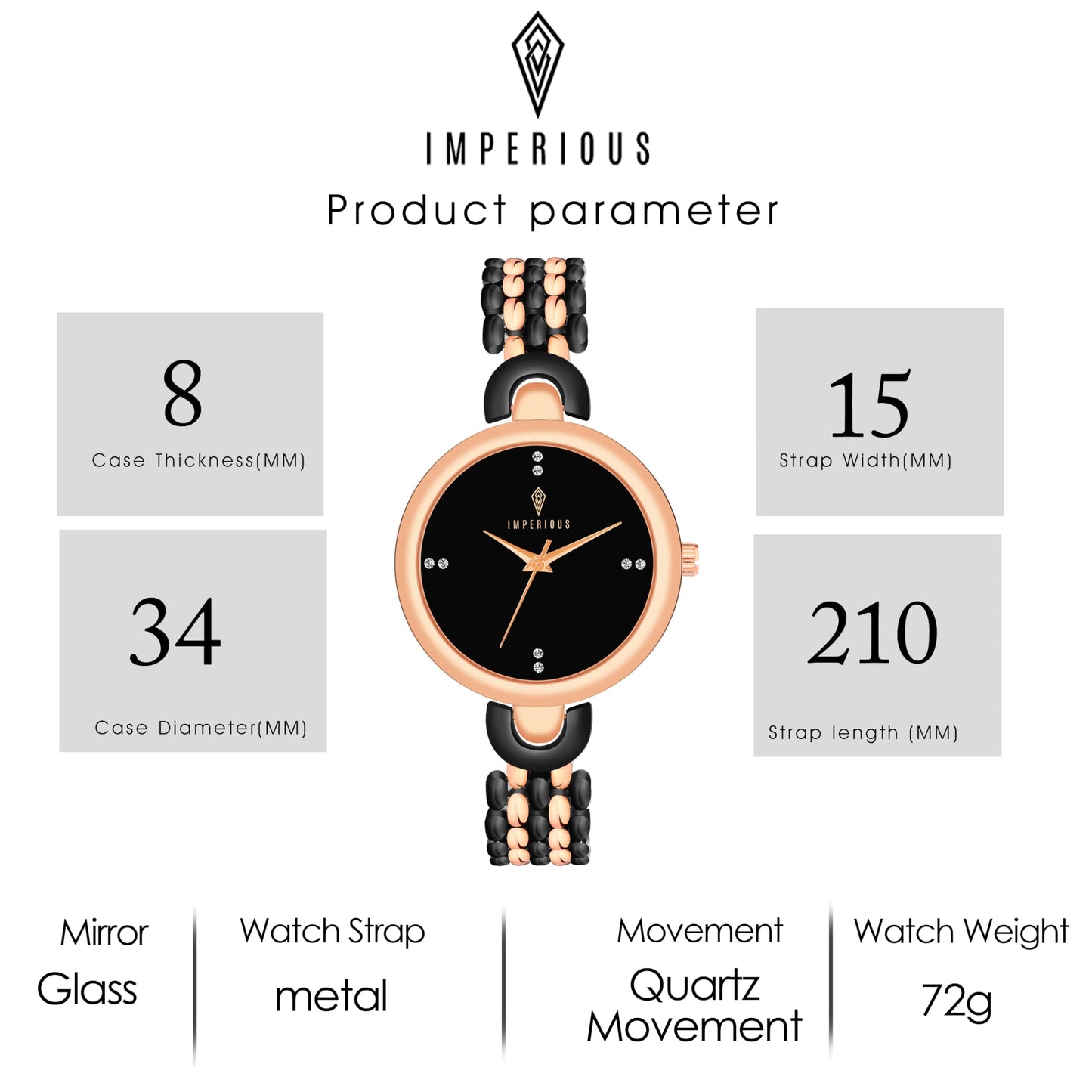 IMPERIOUS - THE ROYAL WAY Women's Round Dial Quartz Movement Studded Dial Watch | Analogue Quartz Movement Ladies Watch | Black