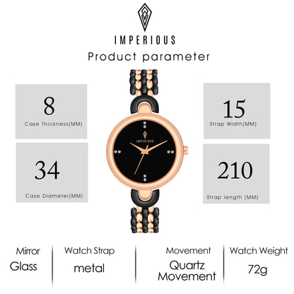 IMPERIOUS - THE ROYAL WAY Women's Round Dial Quartz Movement Studded Dial Watch | Analogue Quartz Movement Ladies Watch | Black