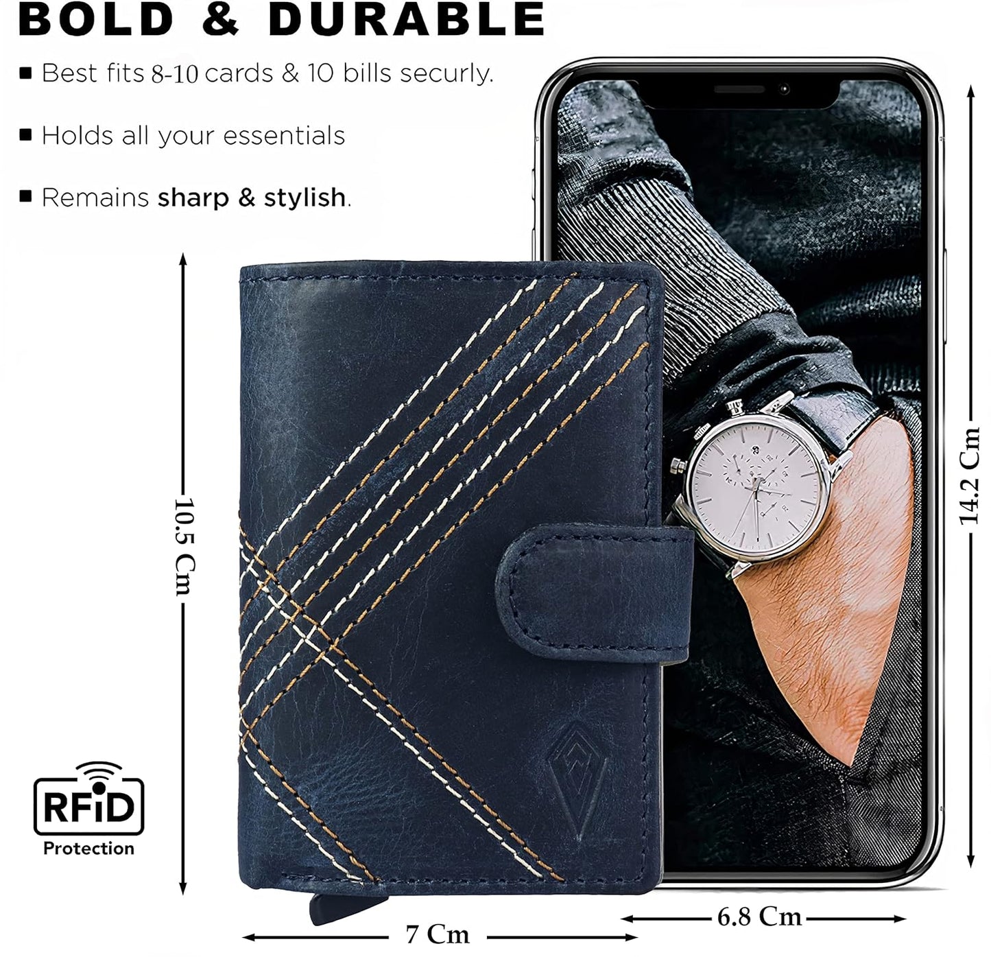 THE ROYAL WAY Unisex Genuine Leather Debit Credit RFID Blocking Card Holder Wallet (Vintage Navy)