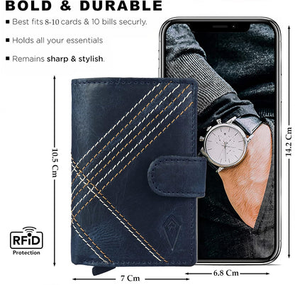 THE ROYAL WAY Unisex Genuine Leather Debit Credit RFID Blocking Card Holder Wallet (Vintage Navy)