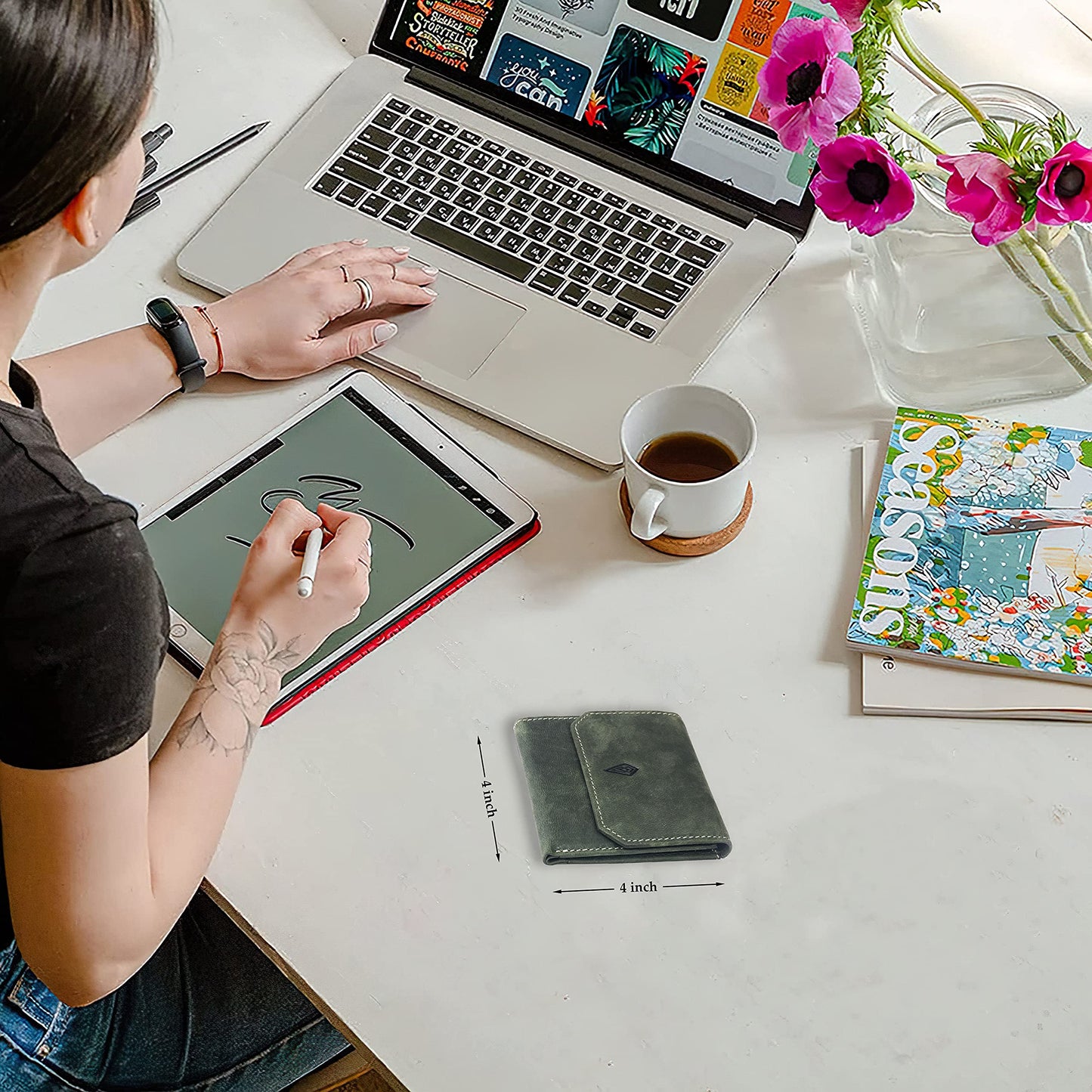 Unisex Leather Wallet, 8 Card Holder Slots, Slim Wallet (Battle Green)