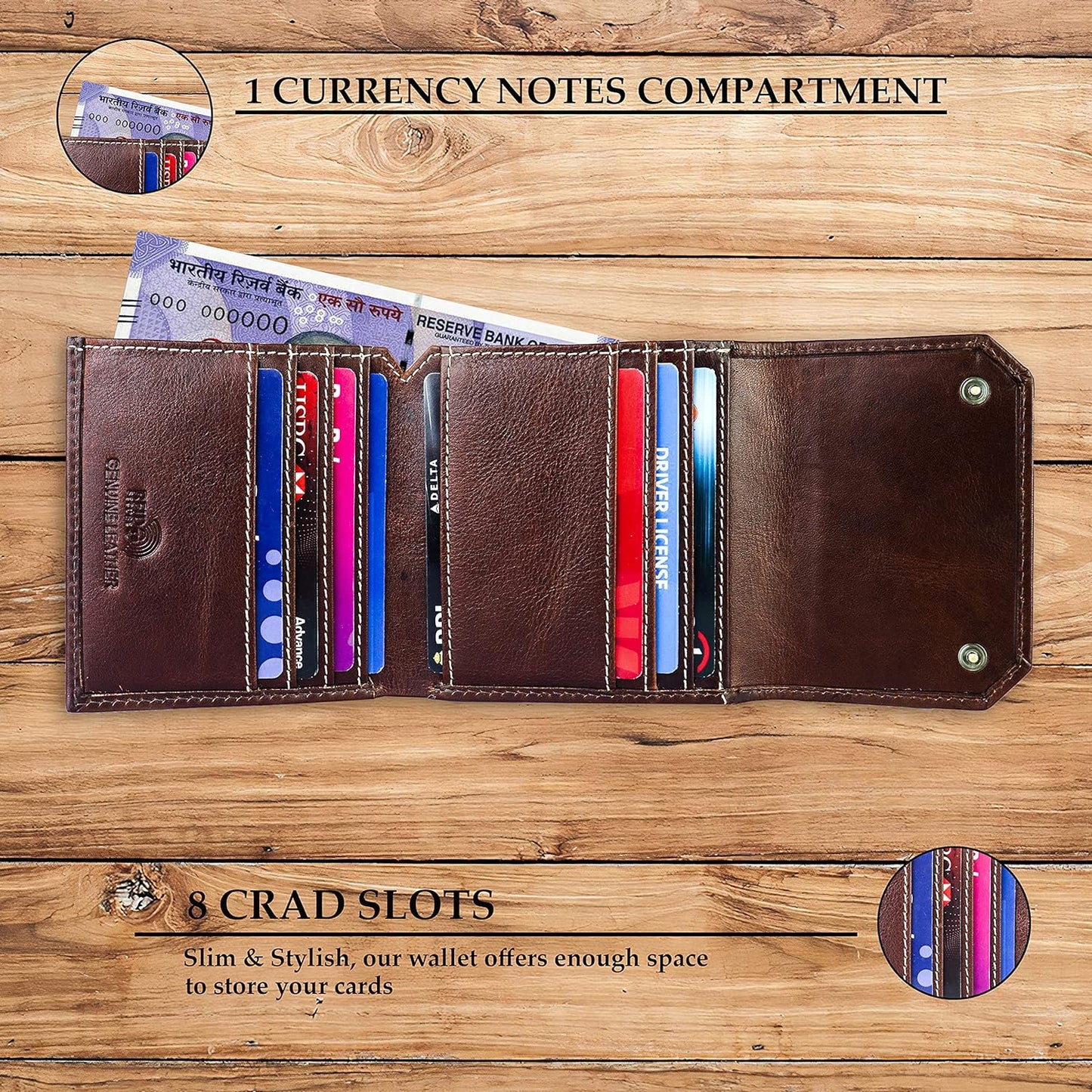 Unisex Leather Wallet, 8 Card Holder Slots, Slim Wallet (Italian Brown)