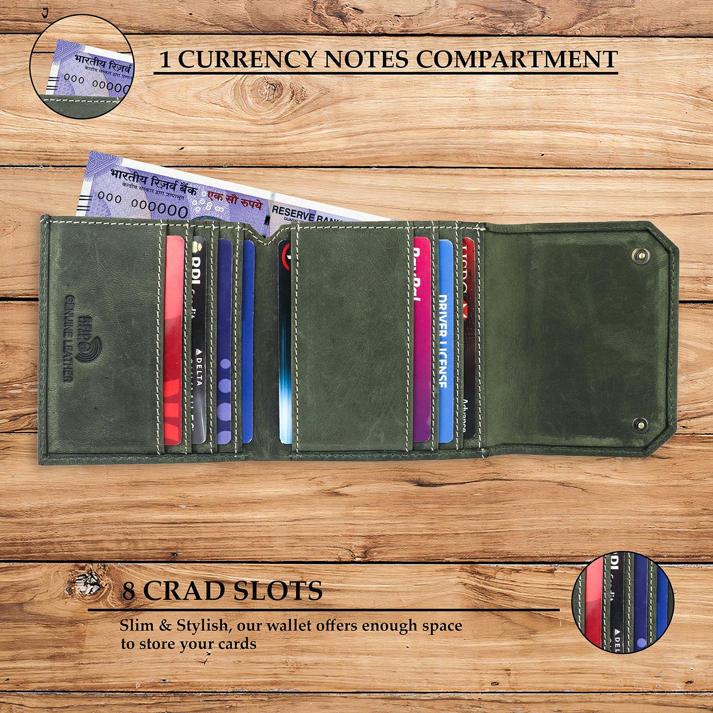 Unisex Leather Wallet, 8 Card Holder Slots, Slim Wallet (Battle Green)