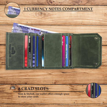 Unisex Leather Wallet, 8 Card Holder Slots, Slim Wallet (Battle Green)
