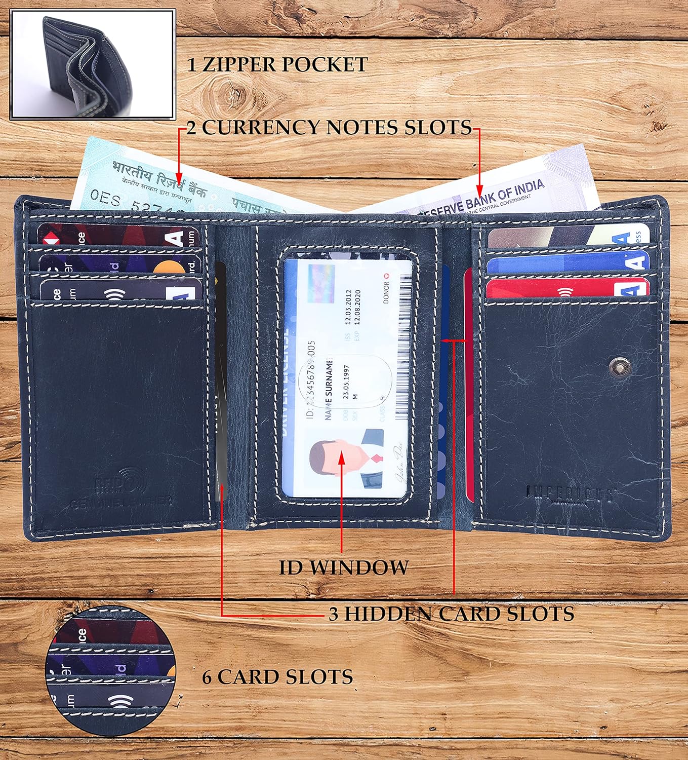 Original Leather Smart RFID protectioN, 3 Fold Wallet (Navy Blue)