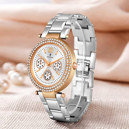 Imperious Silver Wrist Watch for Women, Branded Stylish Ladies Watch - Water Resistant, Stainless Steel & Diamond Studded