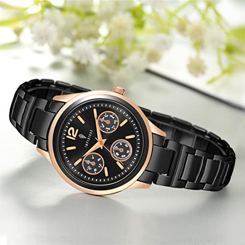 Imperious Stainless Steel Dial Wrist Watches for Women Stylish Belt Ladies Watch - Black