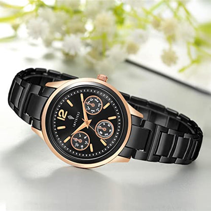 Imperious Stainless Steel Dial Wrist Watches for Women Stylish Belt Ladies Watch - Black