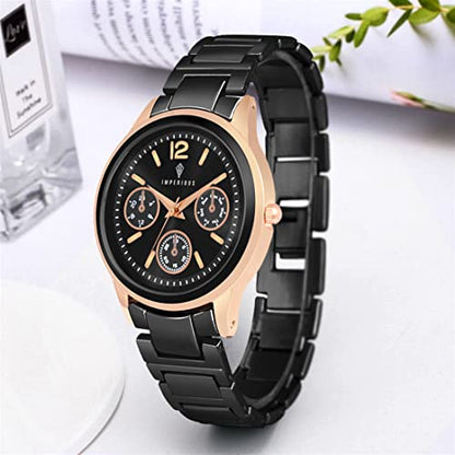 Imperious Stainless Steel Dial Wrist Watches for Women Stylish Belt Ladies Watch - Black