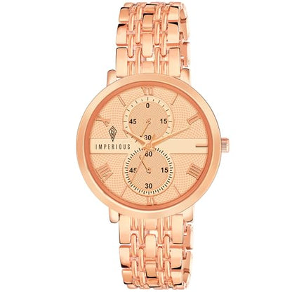 IMPEROUS - The Royal Way Women's Round Dial Watch | Quartz Movement | Elegant Metal Strap | Slim Design, Gold