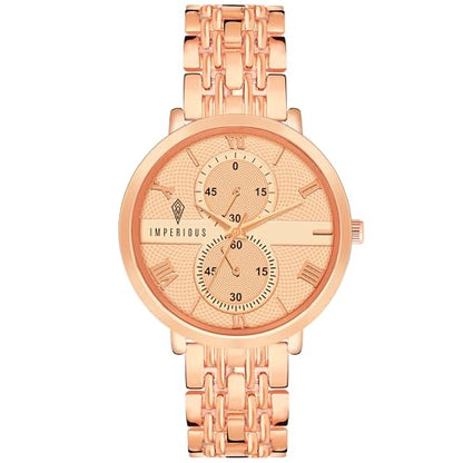 IMPEROUS - The Royal Way Women's Round Dial Watch | Quartz Movement | Elegant Metal Strap | Slim Design, Gold